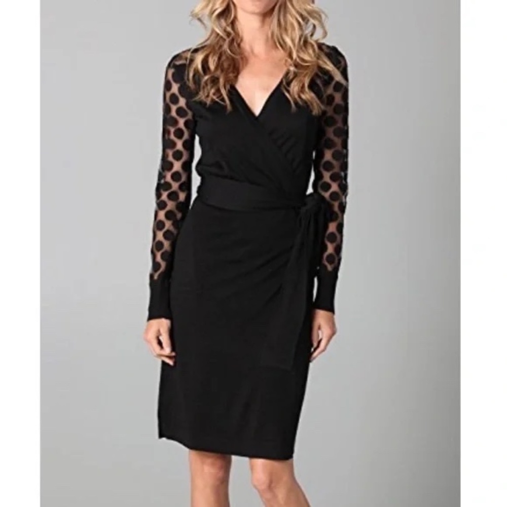 Diane Von Furstenberg Black Long-Sleeve Wrap Dress with Lace Sleeves Sz S $398